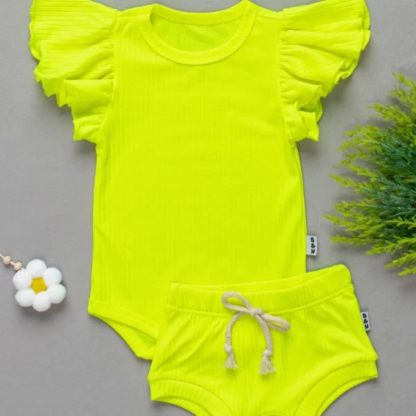 Conjunto Canelado Babado para Bebê Amarelo Neon