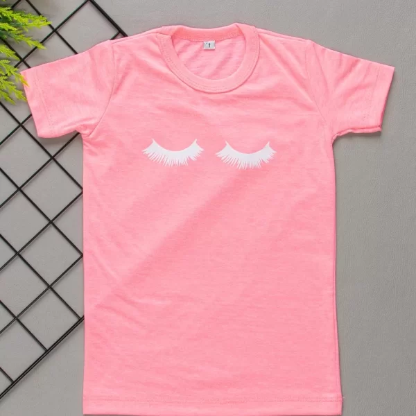 Camiseta Curta Infantil Estampada Rosa Neon Cílios Luxo