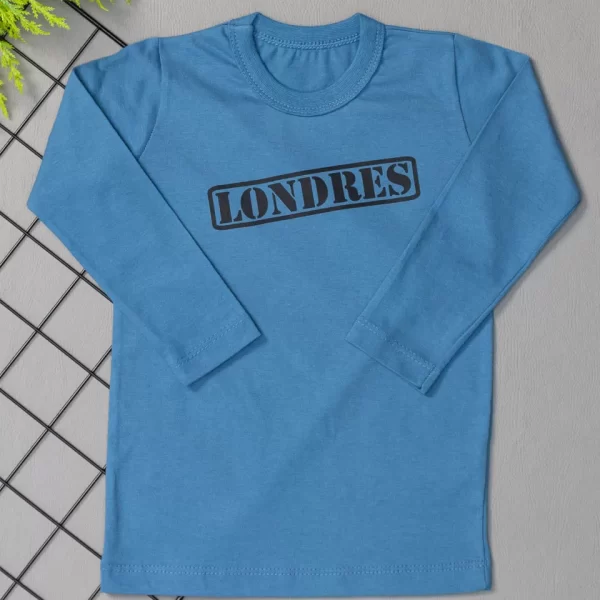 Camiseta Longa Infantil Estampada Azul Denim Londres