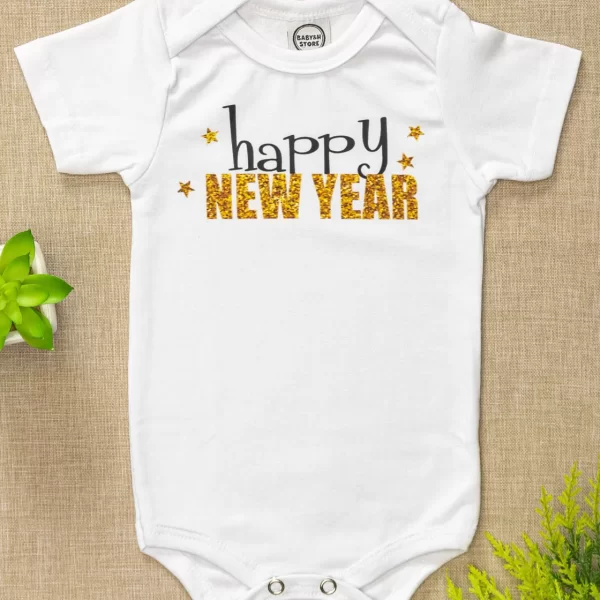 Body Ano Novo Curto para Bebê Branco Happy New Year