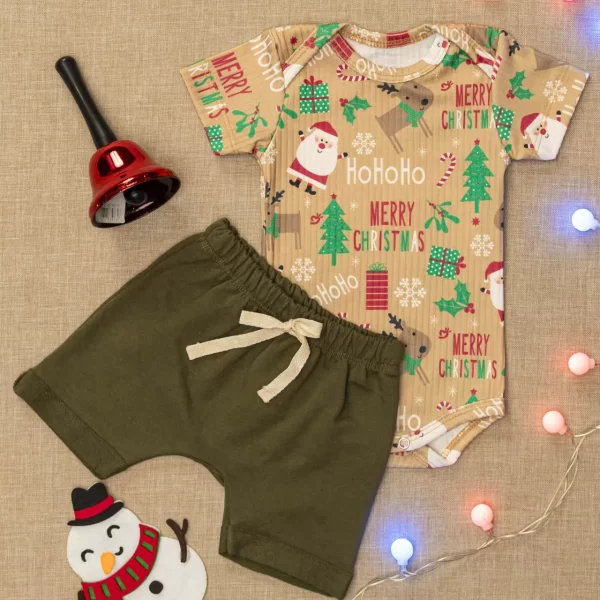 Conjunto para Bebê Canelado Body com Shorts Saruel Merry Christmas