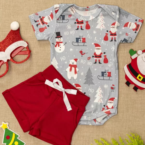 Conjunto Natal para Bebê Canelado Body com Shorts Feminino HoHoHo