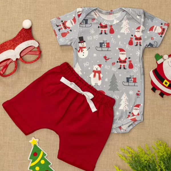 Conjunto Natal para Bebê Canelado Body com Shorts Saruel HoHoHo