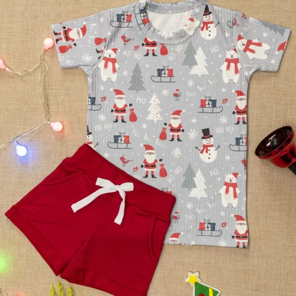Conjunto Natal Infantil Canelado Camiseta com Shorts Feminino HoHoHo