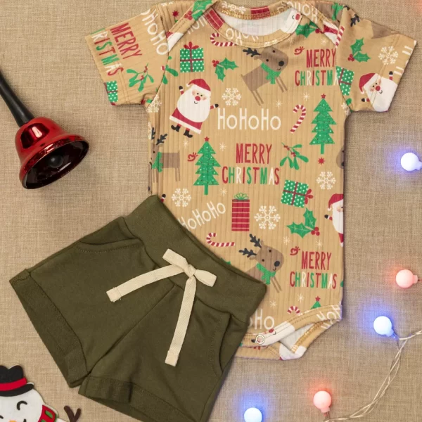 Conjunto Natal para Bebê Canelado Body com Shorts Feminino Merry Christmas