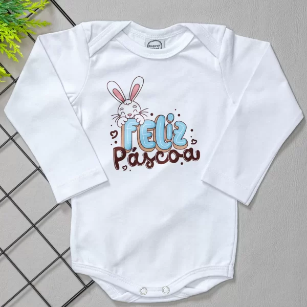 Body para Bebê Manga Longa Branco Feliz Páscoa Masculino