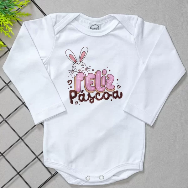 Body para Bebê Manga Longa Branco Feliz Páscoa Feminino