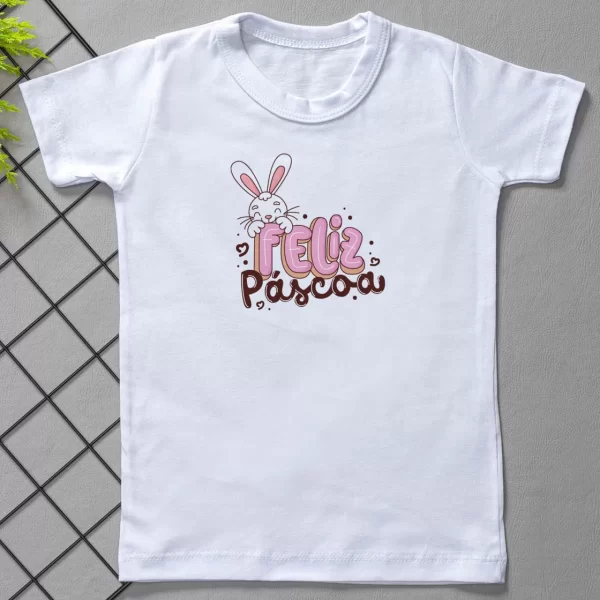 Camiseta Curta Infantil Estampada Branca Feliz Páscoa Feminina