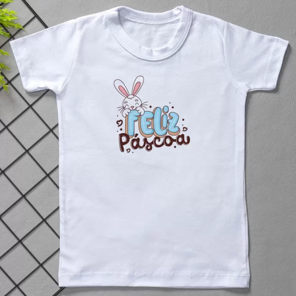 Camiseta Curta Infantil Estampada Branca Feliz Páscoa Masculino