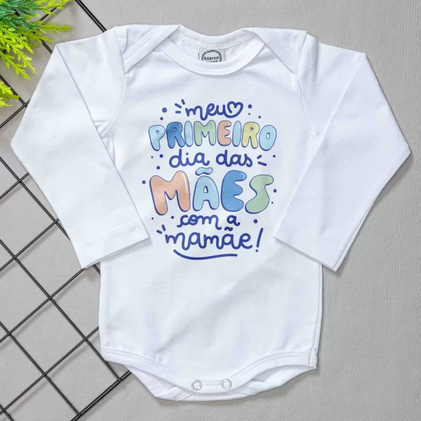Body para Bebê Manga Longa Branco Meu 1° Dia Das Mães M