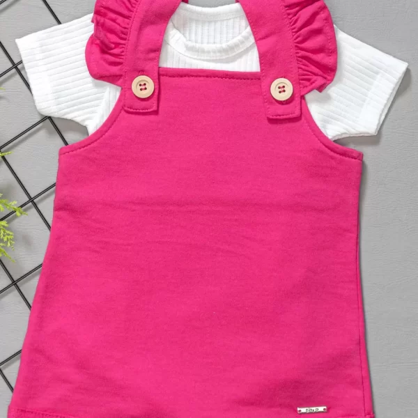 Conjunto Salopete Babado Rosa C/ Body Curto Canelada Off