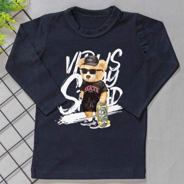 Camiseta Longa Infantil Estampada Preto Urso Skate