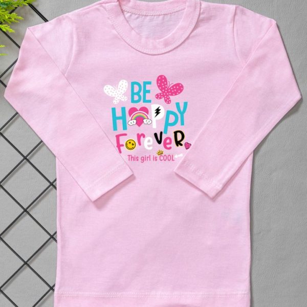 Camiseta Longa Infantil Estampada Rosa Be Happy