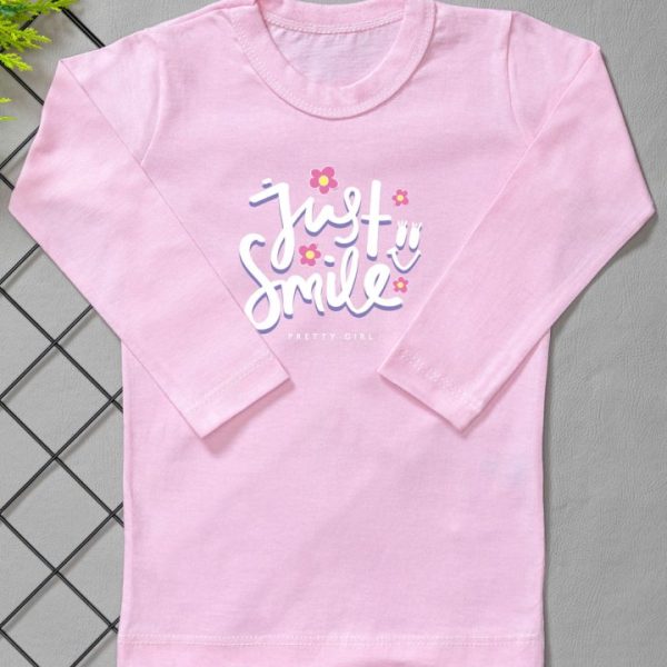 Camiseta Longa Infantil Estampada Rosa Just Smile