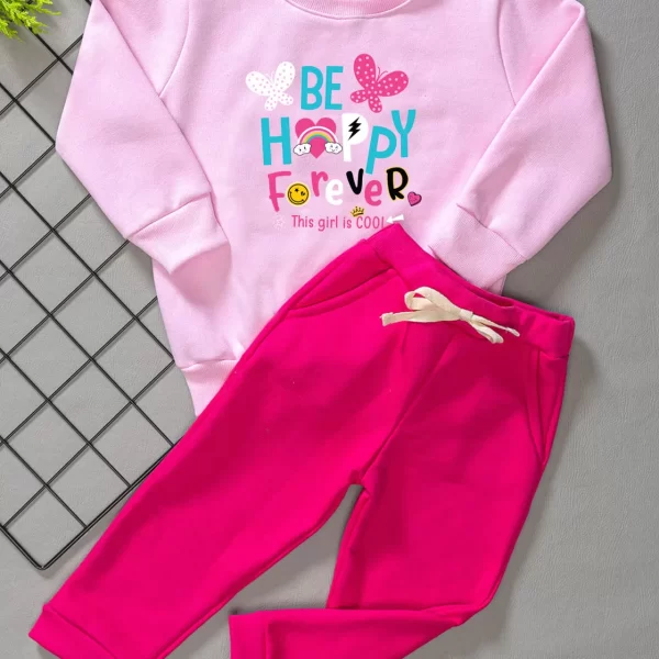 Conjunto de Moletom com Gola Infantil Rosa Be Happy