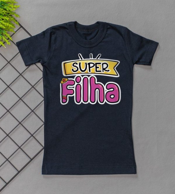Camiseta Curta Infantil Tradicional Preta - Super Filha