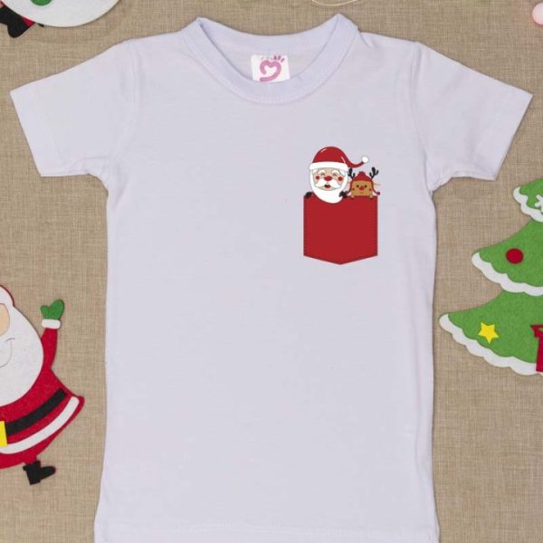Camiseta Curta Infantil Estampada Natal Branca Bolso Papai Noel