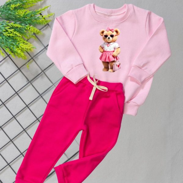 Conjunto de Moletom com Gola Infantil Rosa Ursinha Fashion