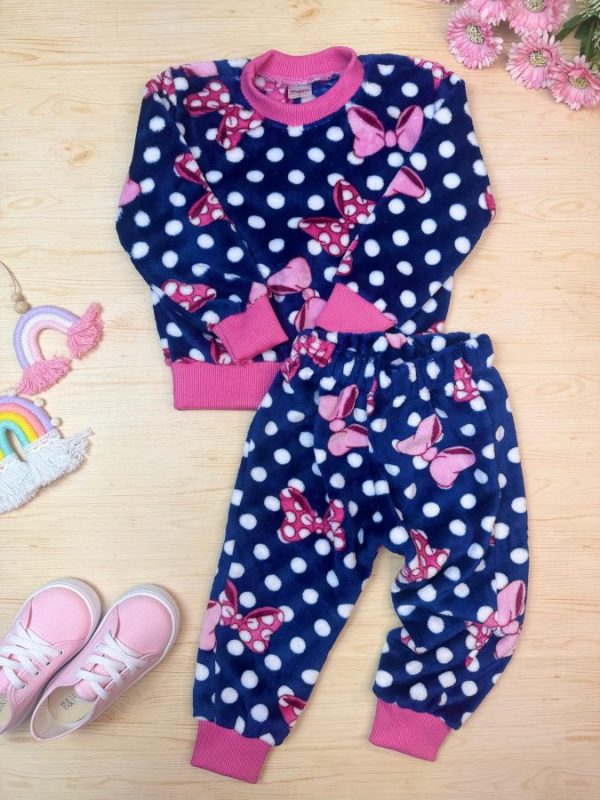 Conjunto Fleece Pijama Blusa e Calça Marinho/Rosa Laço