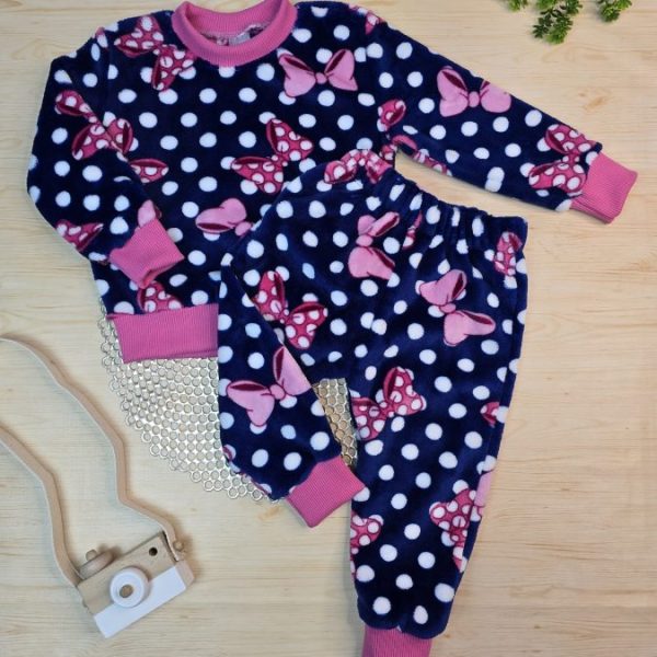 Conjunto Fleece Pijama Blusa e Calça Marinho/Rosa Laço