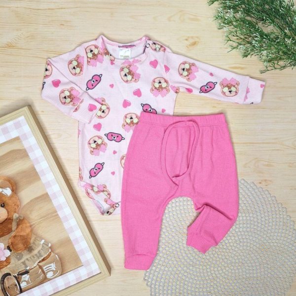 Conjunto Body e Calça Canelado Ursinha Rosa