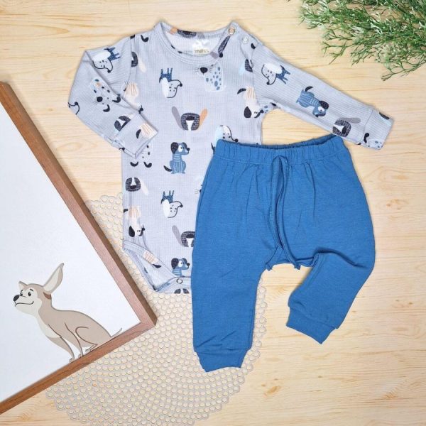 Conjunto Body e Calça Canelado Cachorrinhos azul