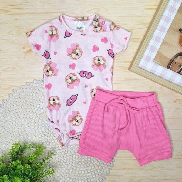 Conjunto Body e Shorts Canelado Ursinha Rosa