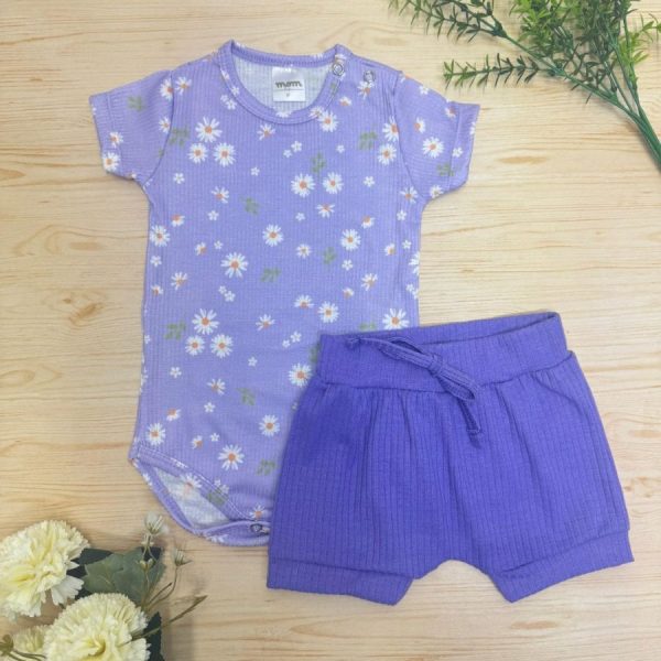 Conjunto Body e Shorts Canelado Margarida Lilás