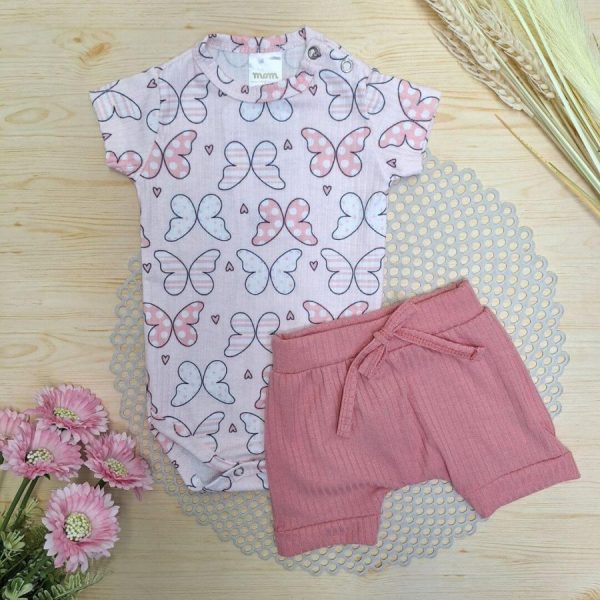 Conjunto Body e Shorts Canelado Borboletas