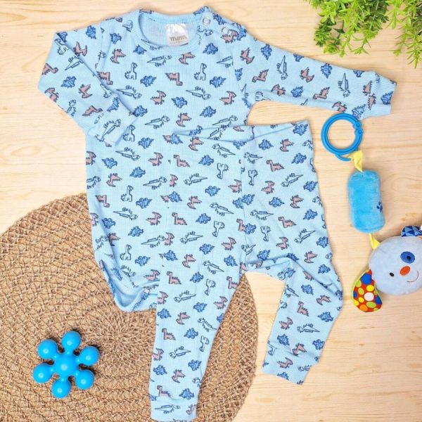 Pijama Body e Calça Canelado Pagão - Dinossauros Azul
