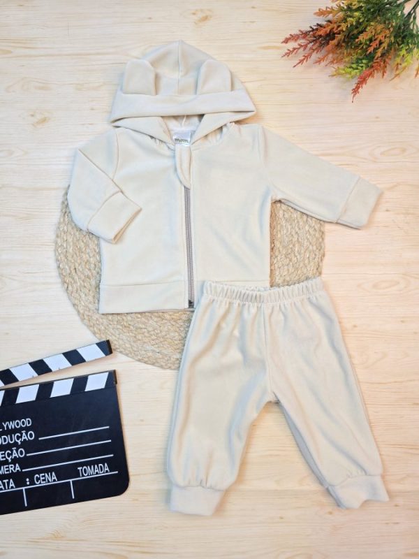 Conjunto Longo Jaqueta e Calça Plush Bege