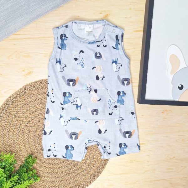 Macacão Curto Regata Canelado Com Bolso - Cachorrinhos