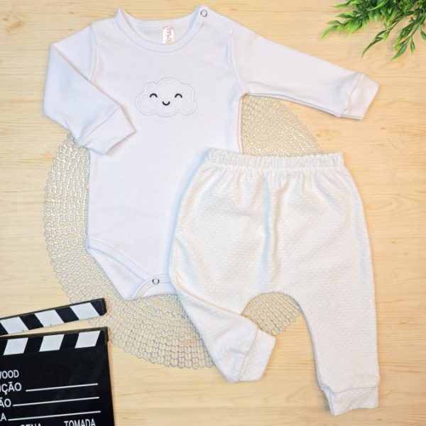 Conjunto Body Algodão Egípcio Bordado e Calça Plush - Nuvem