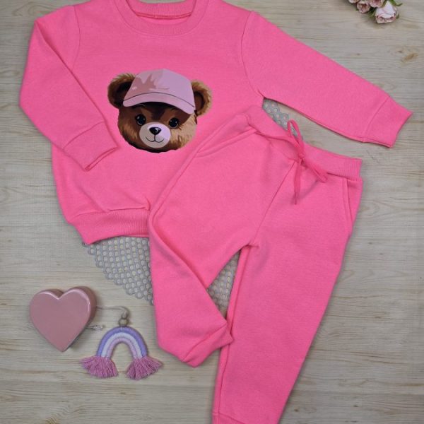 Conjunto de Moletom com Gola - Rosa Neon Ursinha