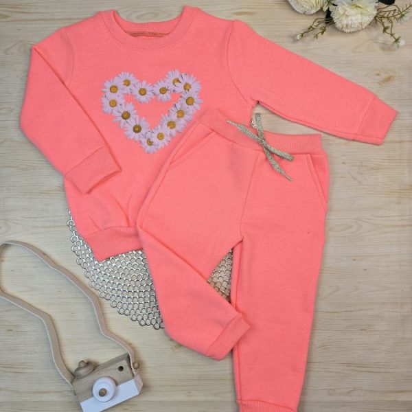 Conjunto de Moletom com Gola - Laranja Neon Coração de Margaridas