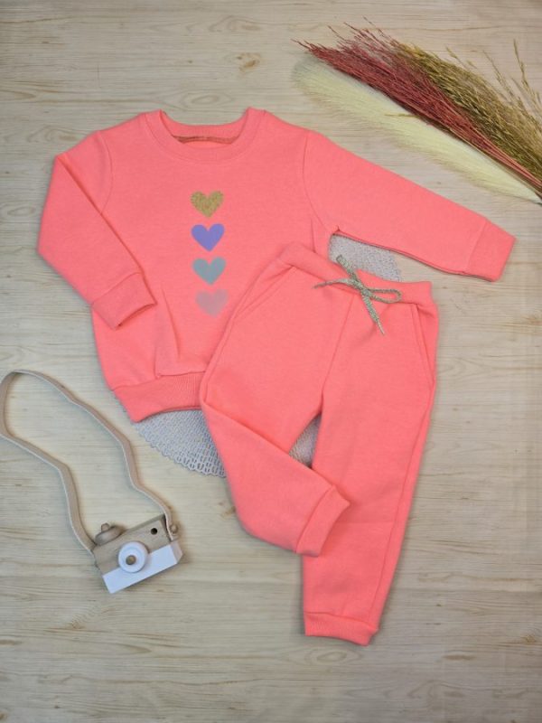 Conjunto de Moletom com Gola - Laranja Neon Corações