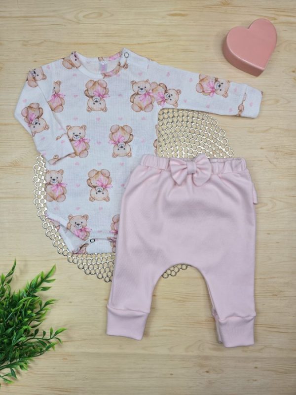 Conjunto Body Canelado e Calça Algodão Egípcio Babado Ursinha Laço
