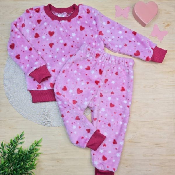 Conjunto Fleece Pijama Blusa e Calça Rosa - Coração