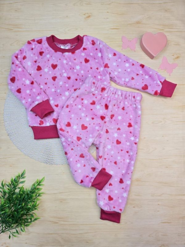 Conjunto Fleece Pijama Blusa e Calça Rosa - Coração