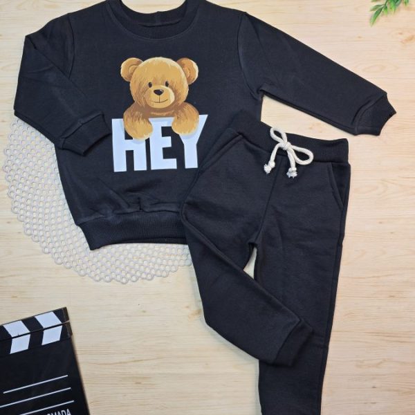 Conjunto de Moletom com Gola - Preto Hey Urso