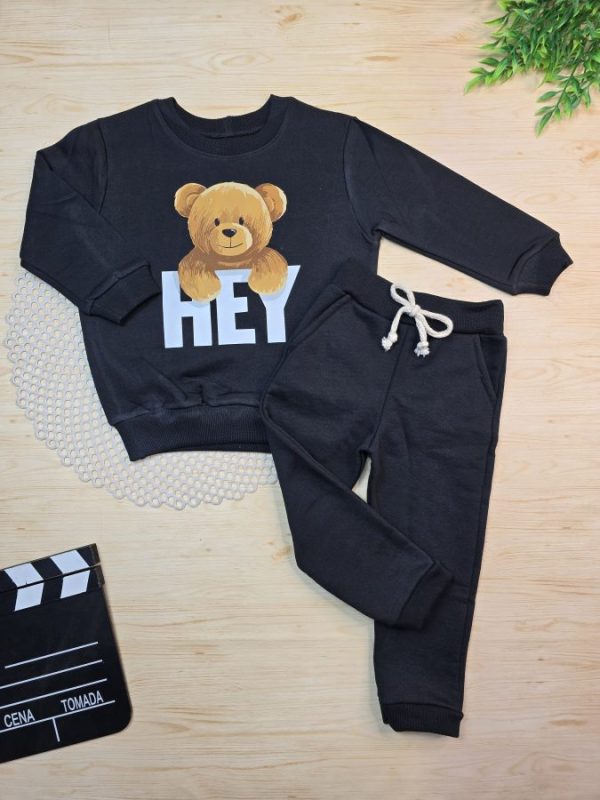 Conjunto de Moletom com Gola - Preto Hey Urso