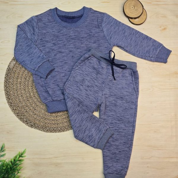 Conjunto de Moletom com Gola Azul Mesclado - Liso