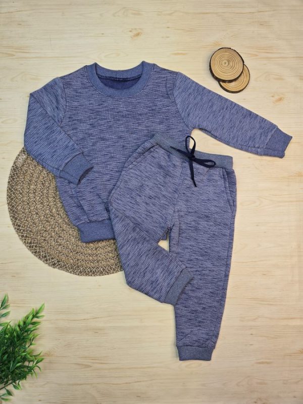 Conjunto de Moletom com Gola Azul Mesclado - Liso