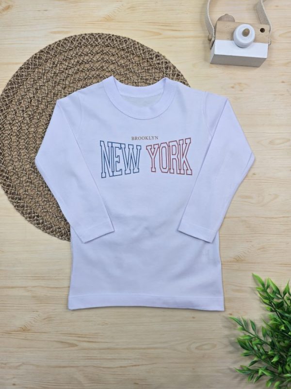 Camiseta Infantil Manga Longa Branca Tradicional - New York