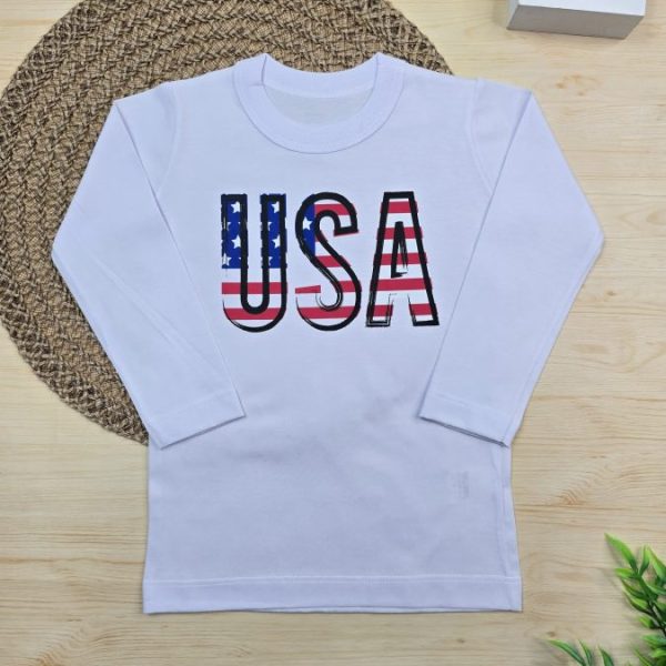 Camiseta Longa Infantil Estampada Branca - USA