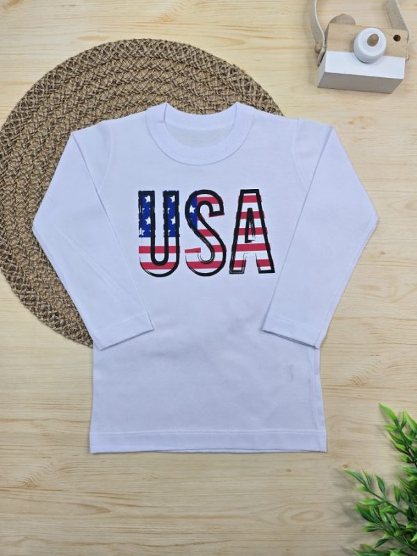 Camiseta Infantil Manga Longa Tradicional Branca - USA