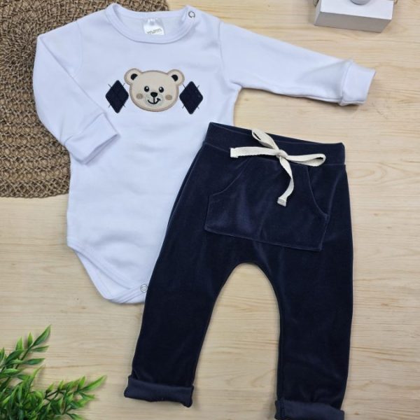 Conjunto Body Algodão Egípcio Bordado e Calça Plush Azul – Ursinho