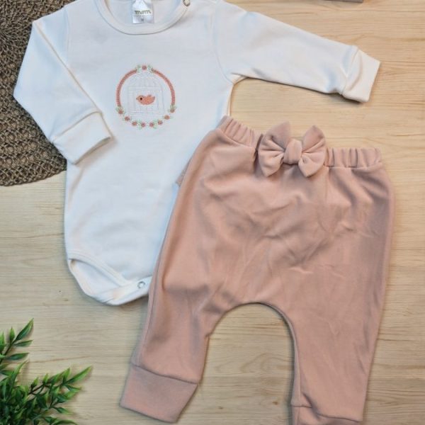 Conjunto Body Algodão Egípcio Bordado e Calça Plush – Pássaro