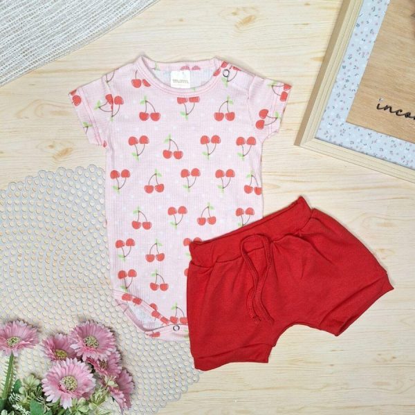 Conjunto Body e Shorts Canelado - Cereja