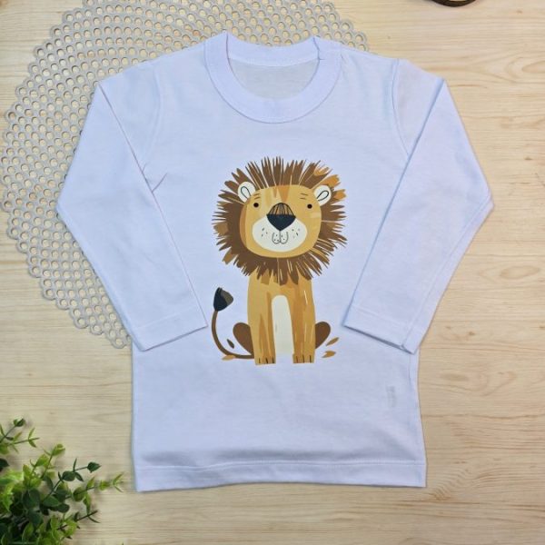 Camiseta Longa Infantil Estampada Branca Leão